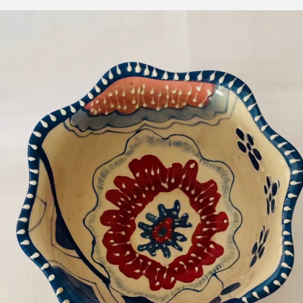 Blue Sky Pedestal Bowl “Heather Goldmine” Red/Blue Floral